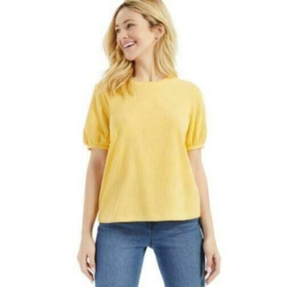 Style & Co Women's Textured Short Puffed Sleeve T-Shirts Top Yellow L, $45 NWT - Picture 1 of 6